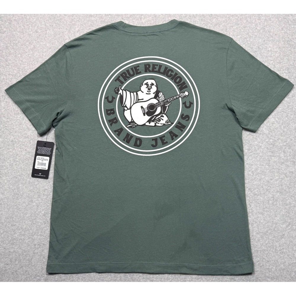 True Religion Shirt Mens Large Green Buddha Logo Seal Short Sleeve Tee *